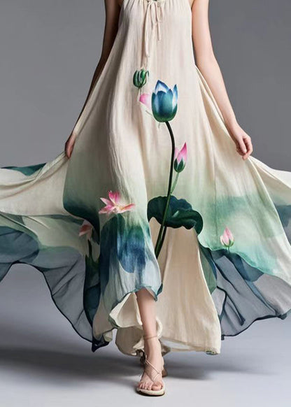 Beige Lotus Print Tie Dye Cotton Spaghetti Strap Dress Summer