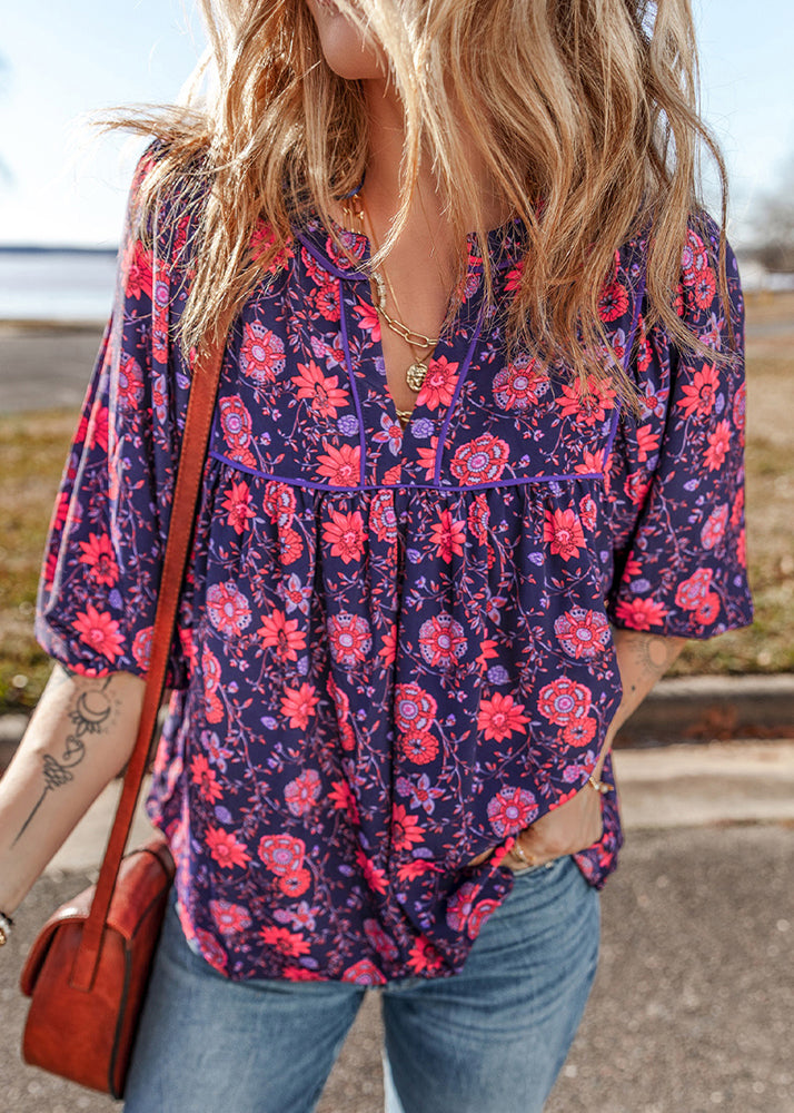 Purple O Neck Print Chiffon Top Summer