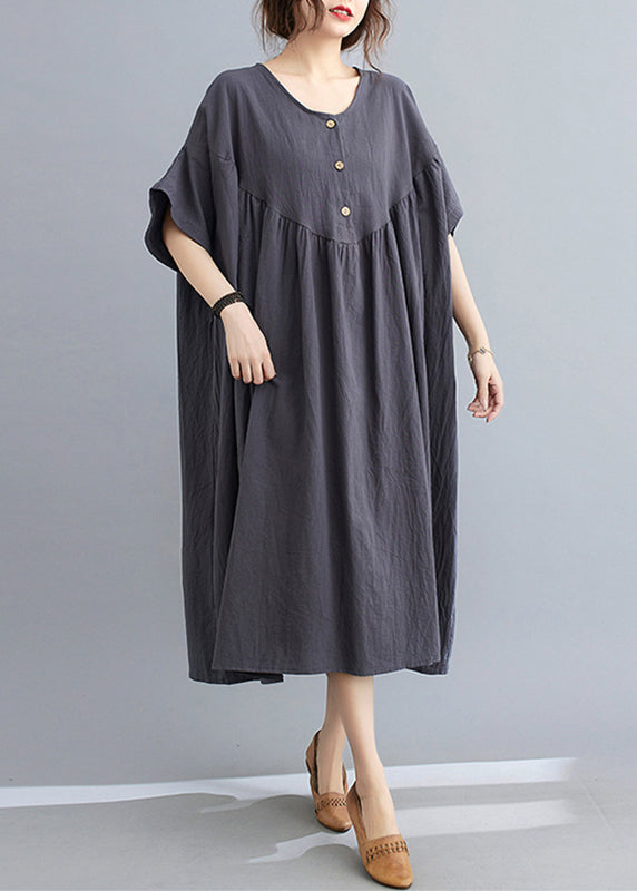 Dark Grey Patchwork Button Long Dresses Short Sleeve