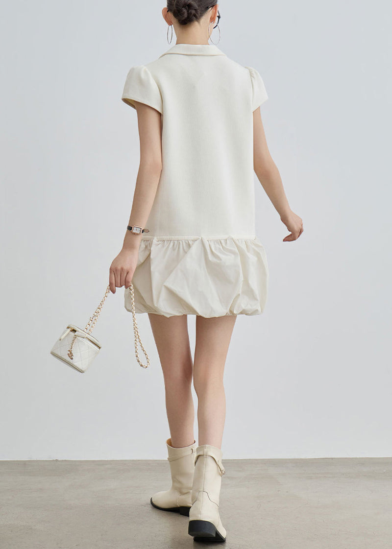 Beige Peter Pan Collar Lace Up Cotton T Shirts Dress Summer
