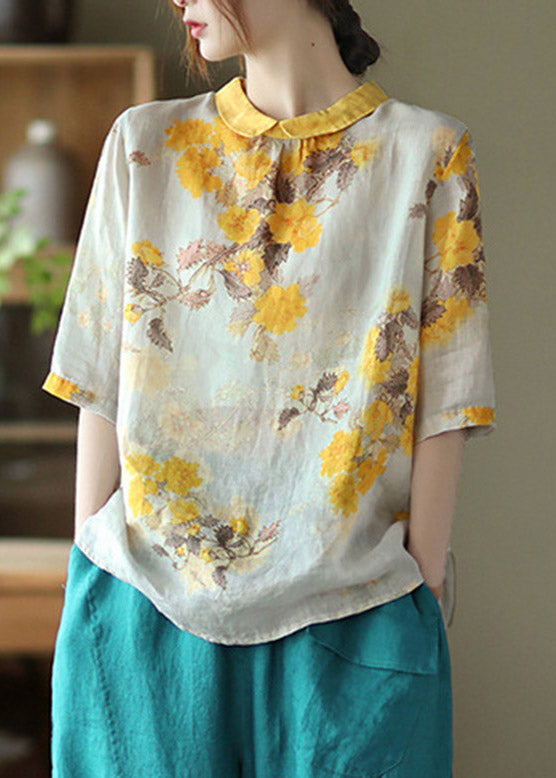 Peter Pan Collar Print Button Linen Shirt Half Sleeve