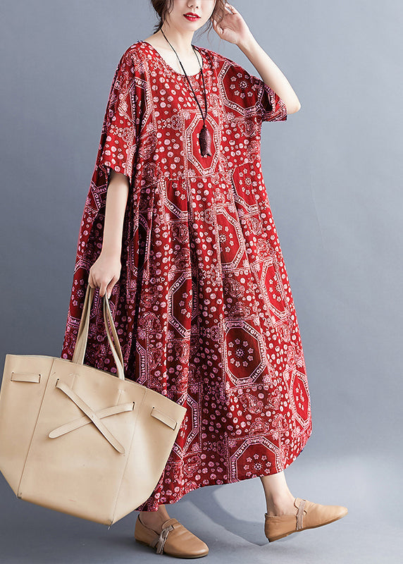 Red O Neck Print Pockets Cotton Long Dress Summer