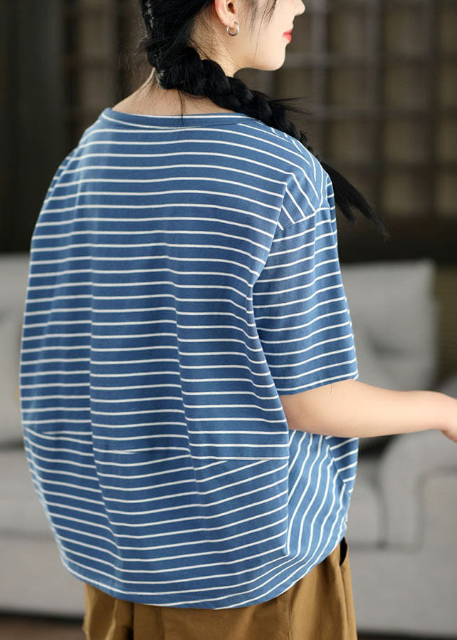 Blue O Neck Striped Linen Top Summer