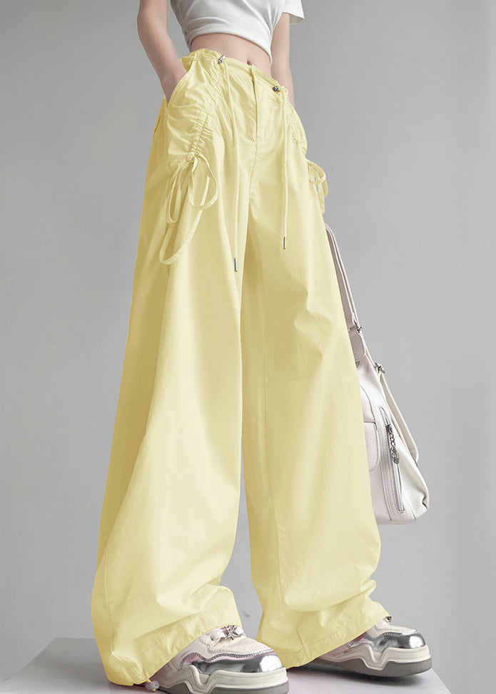 New Yellow Pockets Drawstring High Waist Cotton Pants Spring