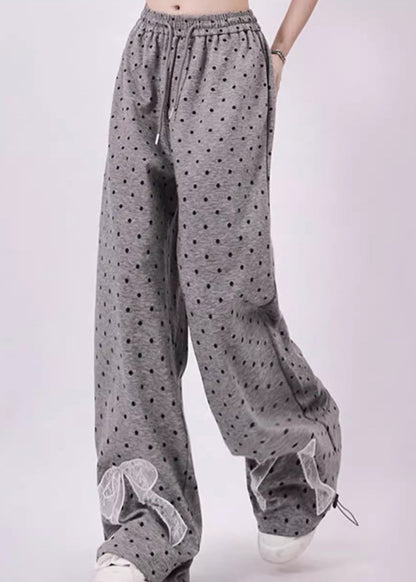 Grey Dot Bow Lace Patchwork Cotton Wide Leg Pants Spring