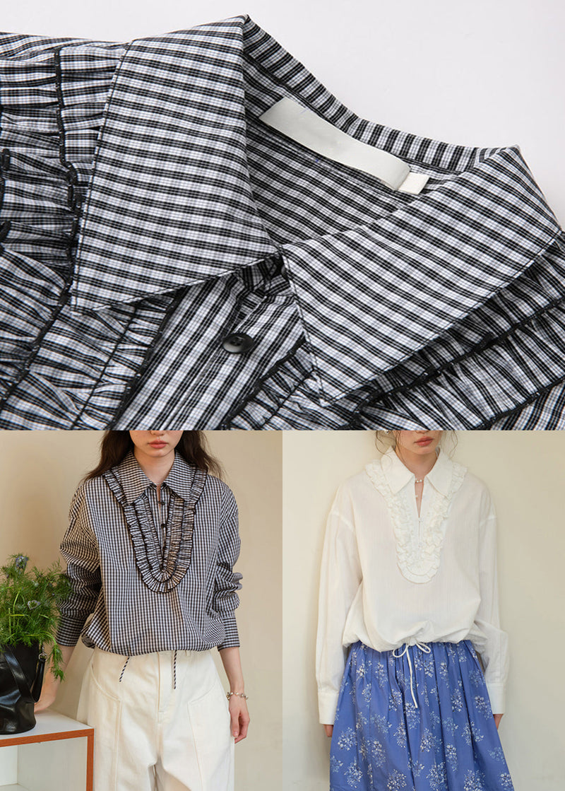 White Ruffled Button Cotton Blouse Peter Pan Collar