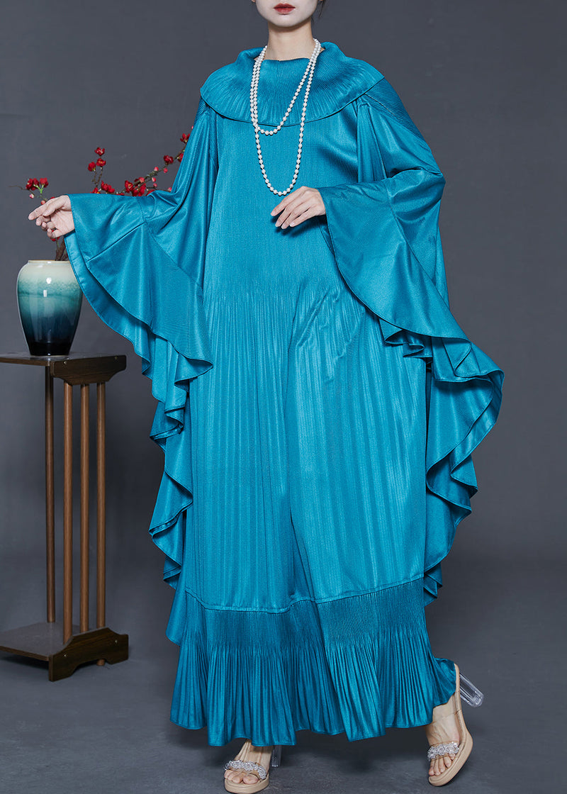 French Peacock Blue Ruffled Patchwork Wrinkled Silk Maxi Dresses Fall