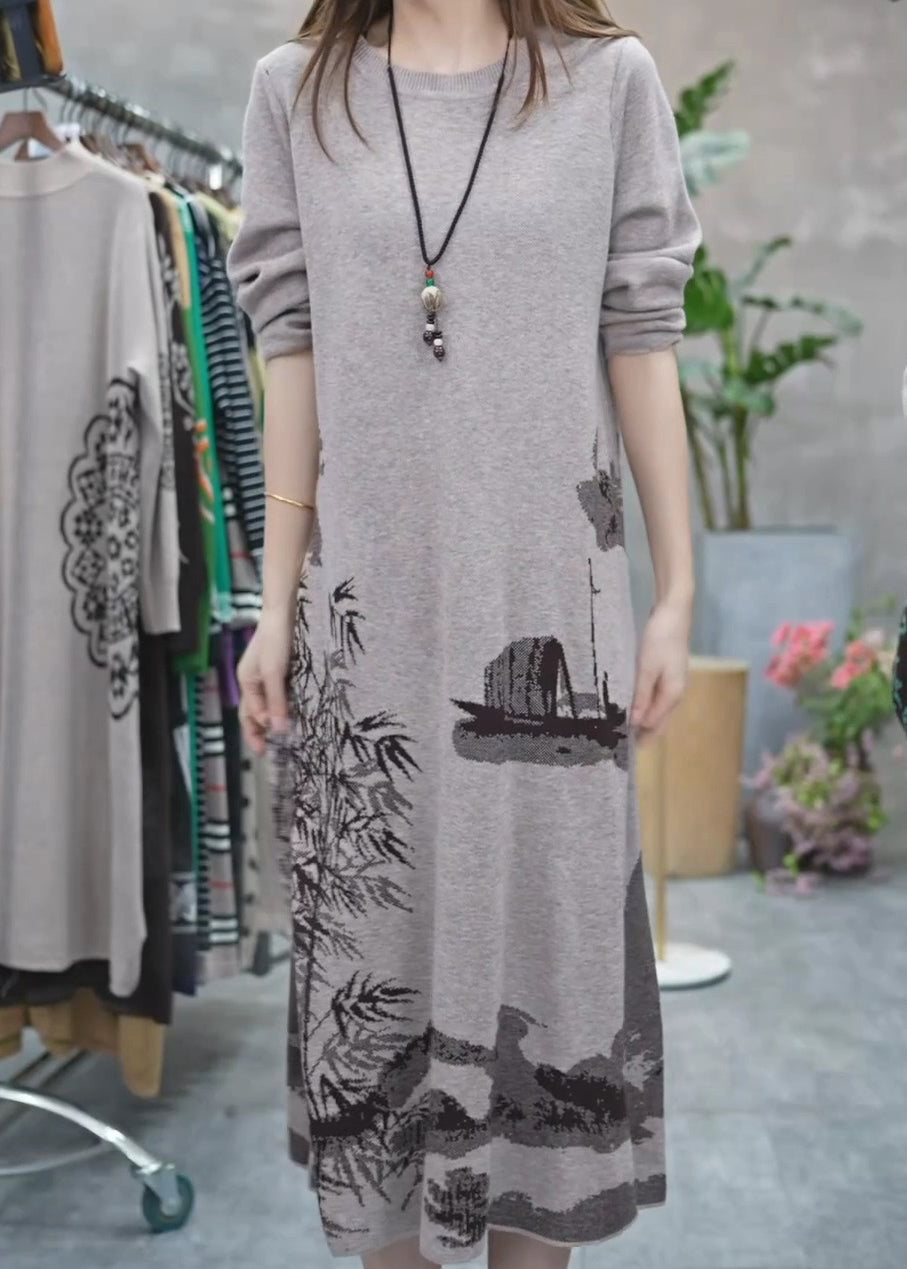 Grey O Neck Print Knit Sweater Dress Winter