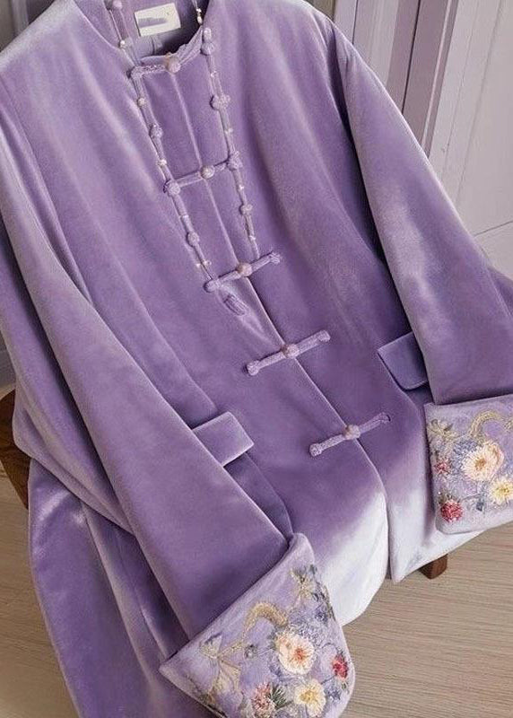 Chinese Style Purple O-neck Embroidered Button Silk Velour Tops Fall