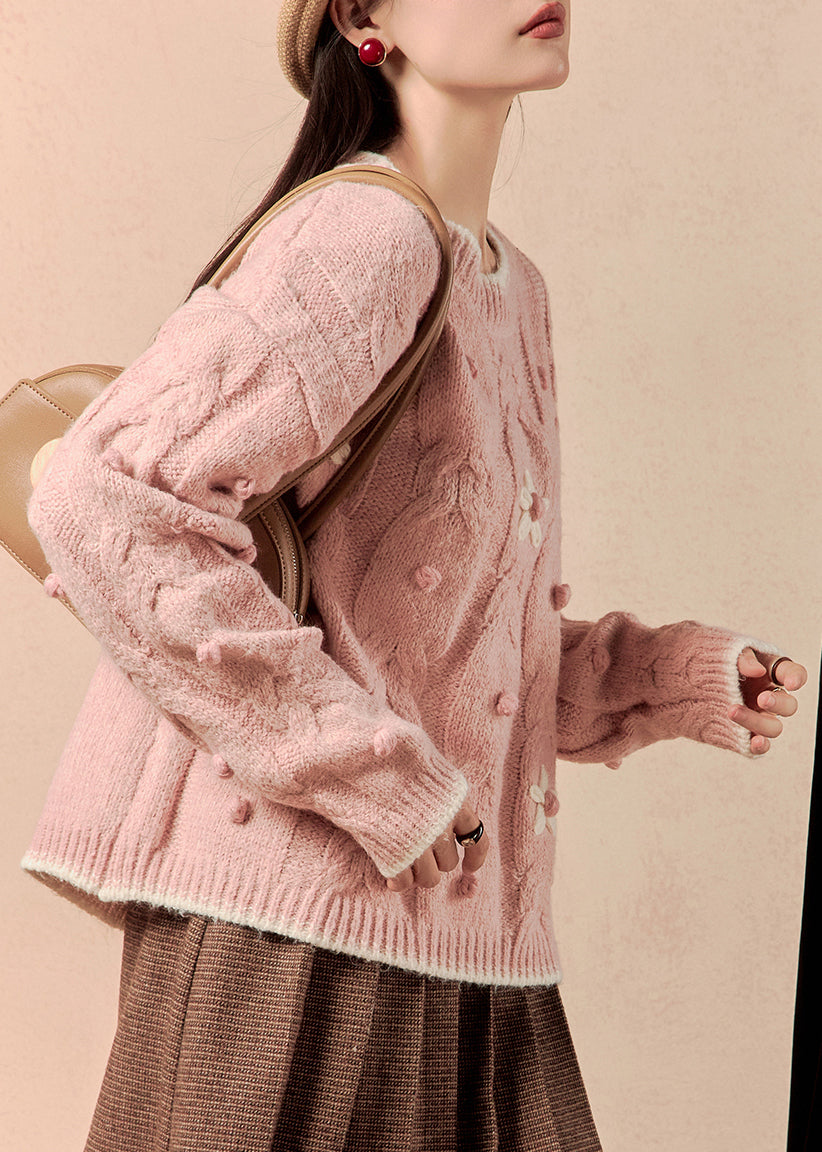 Pink Cozy Cotton Knit Sweaters O Neck Spring