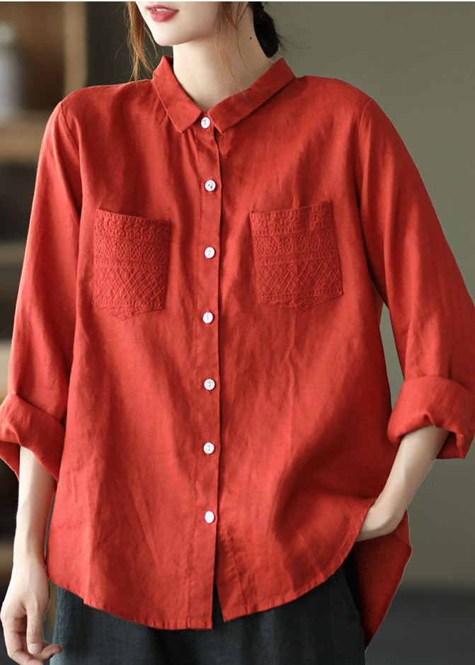 Unique Red Peter Pan Collar Embroidered Patchwork Pockets Linen Top Spring