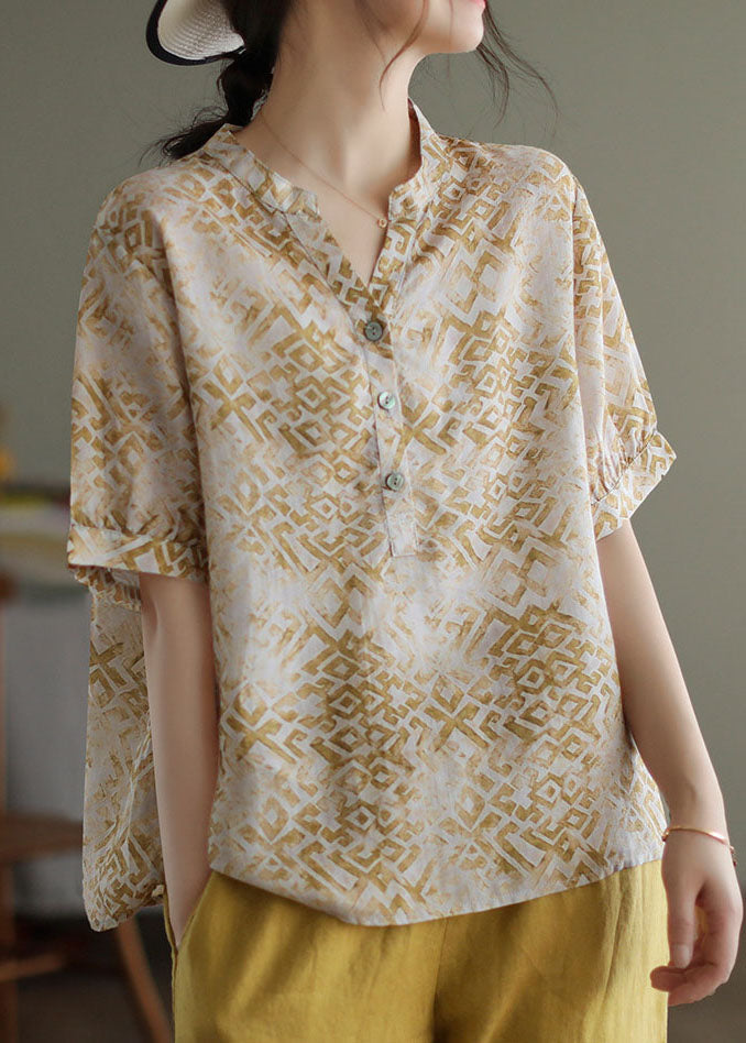 Beige V Neck Print Patchwork Linen T Shirt Top Summer