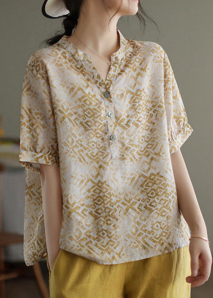 Beige V Neck Print Patchwork Linen T Shirt Top Summer