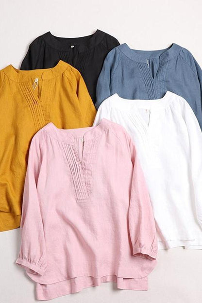 Cotton Linen V Neck Shirt Tops