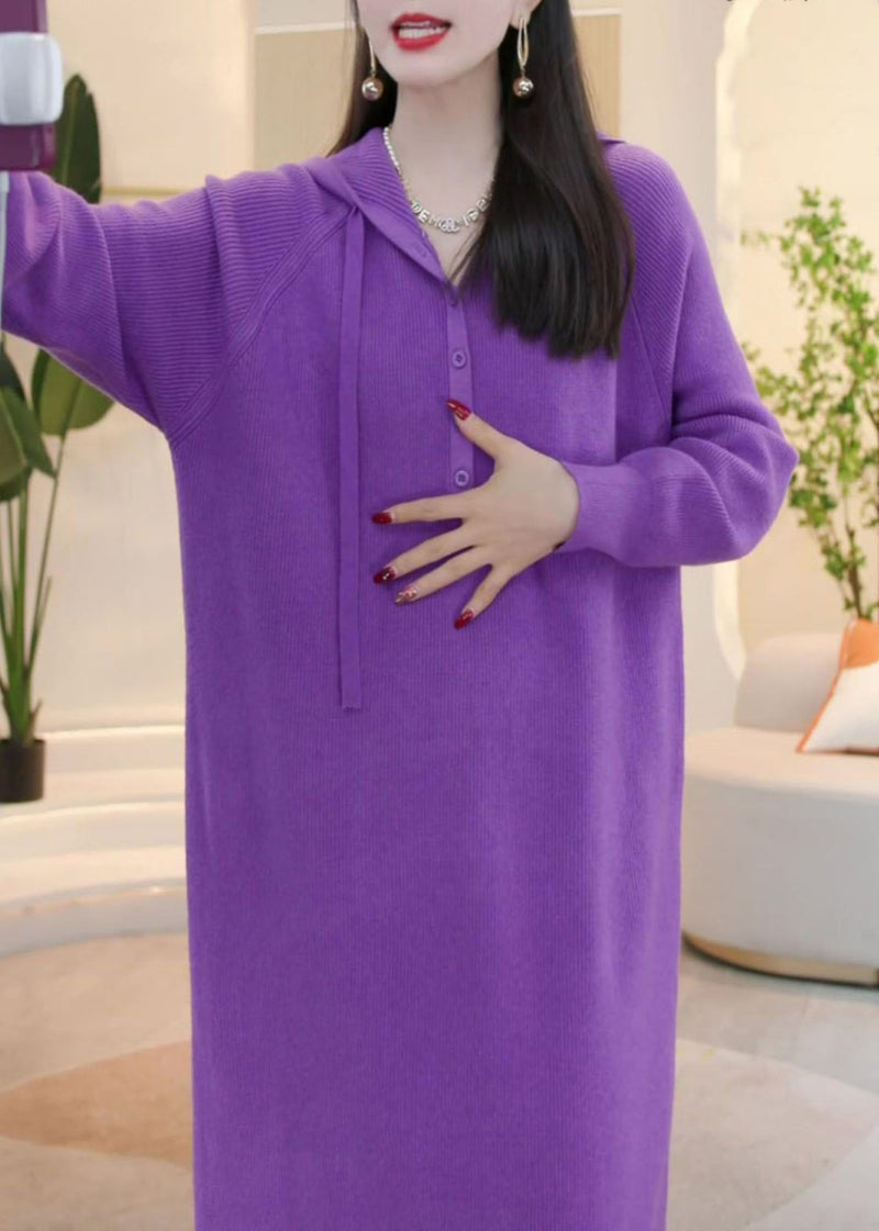 Simple Purple Hooded Button Knit Sweater Dress Winter