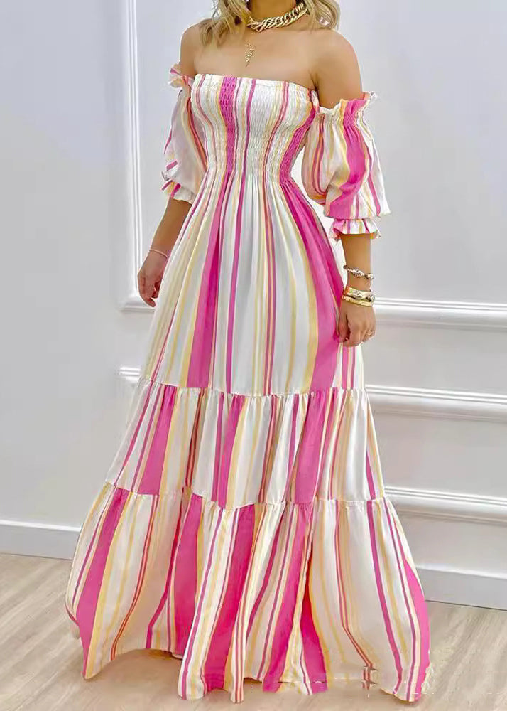 European and American Striped Cold Shoulder Lantern Sleeve Dress