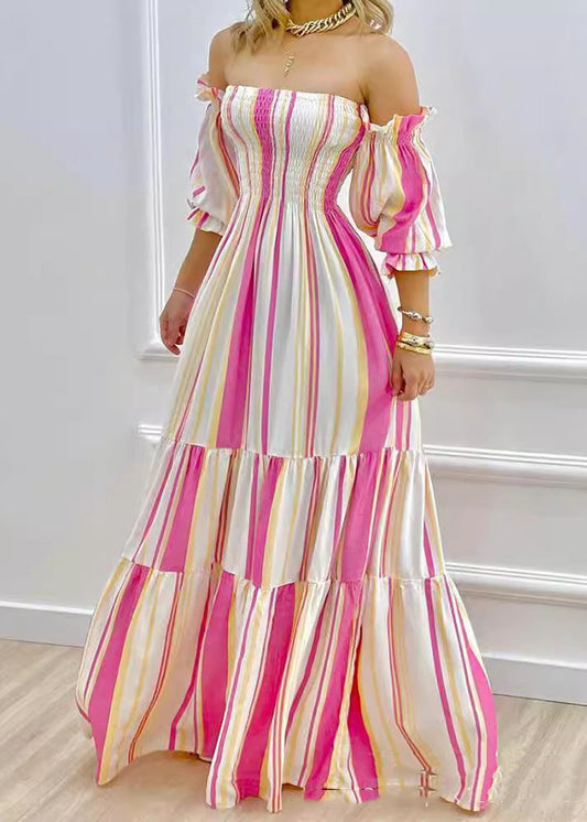 European and American Striped Cold Shoulder Lantern Sleeve Dress