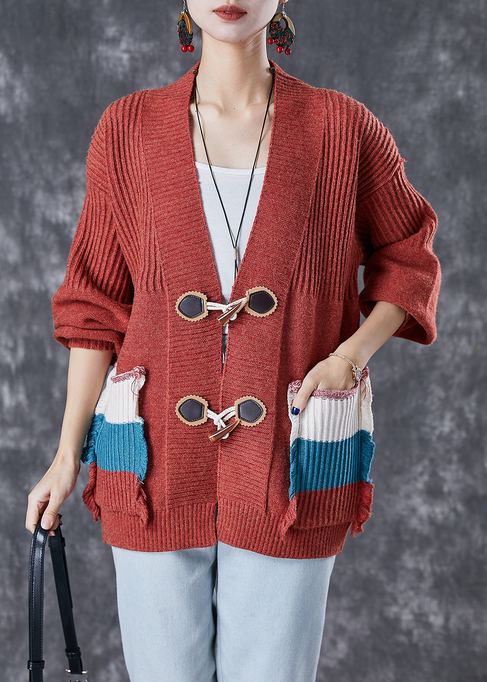 Red Oversized Patchwork Pockets Knit Cardigan Fall