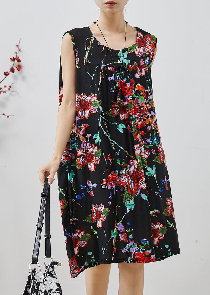 Black Oversized Print Cotton Mid Dress Summer