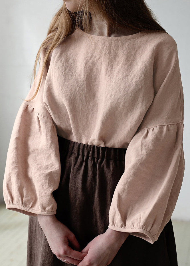 White O Neck Linen Shirt Tops Lantern Sleeve