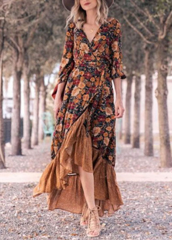 V Neck Print Tie Waist Cotton Long Dresses Spring