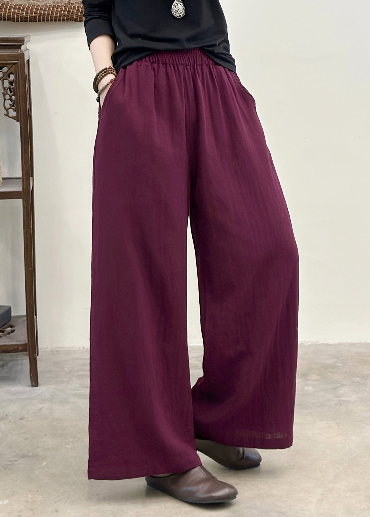 Purple Elastic Waist Pockets Linen Pants Summer