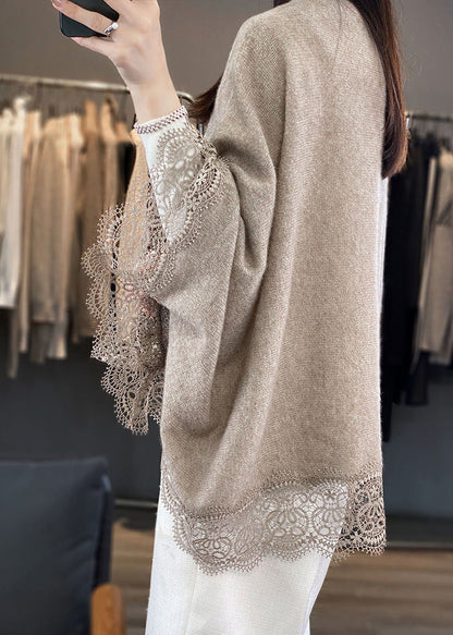 Camel V Neck Hollow Out Lace Woolen Cardigans Batwing Sleeve