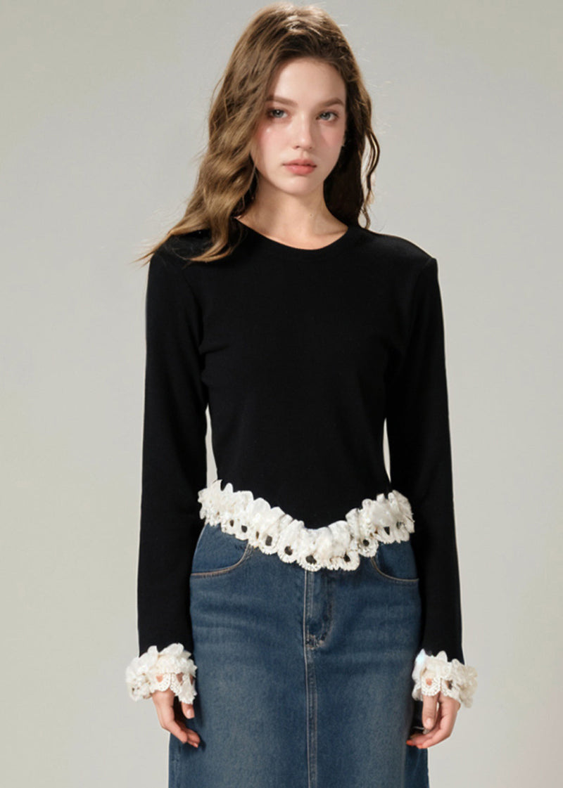 Art Black O-neck Nail Bead Patchwork Cotton Knit Sweater Winter