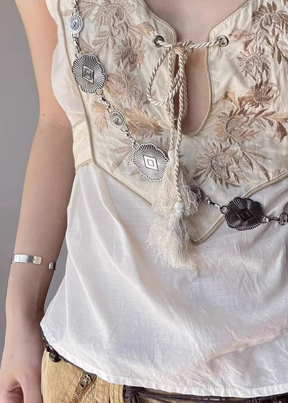 Diy White Embroidered Patchwork Cotton Vests Summer