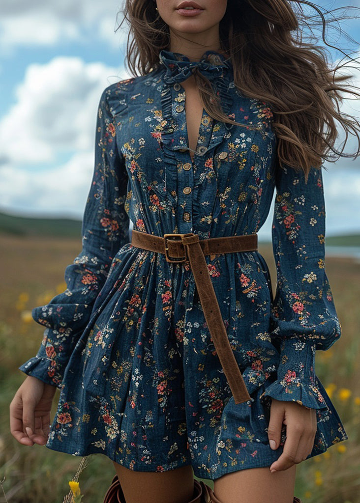 Blue Ruffled Print Cotton Short Dresses Long Sleeve