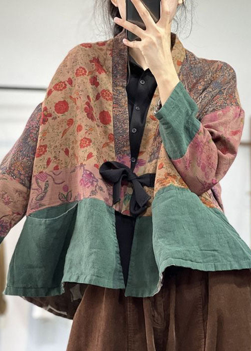 Green Tie Waist Patchwork Print Linen Cardigan Fall