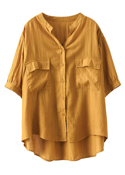 Yellow O Neck Wrinkled Patchwork Cotton Shirt Top Summer