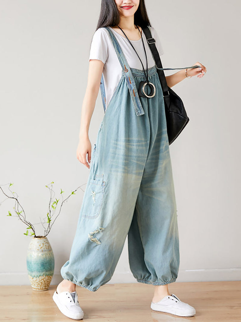 Summer Retro Frayed Washed Denim Jumpsuits