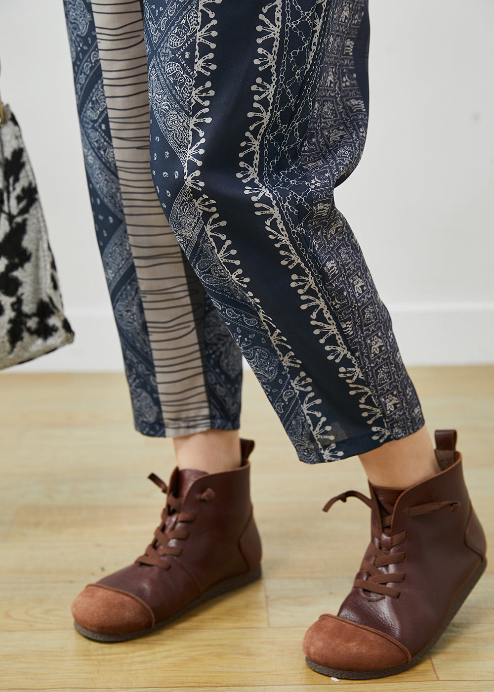 Diy Navy Oversized Print Fine Cotton Filled Harem Pants Winter