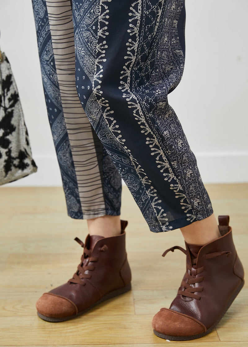 Diy Navy Oversized Print Fine Cotton Filled Harem Pants Winter