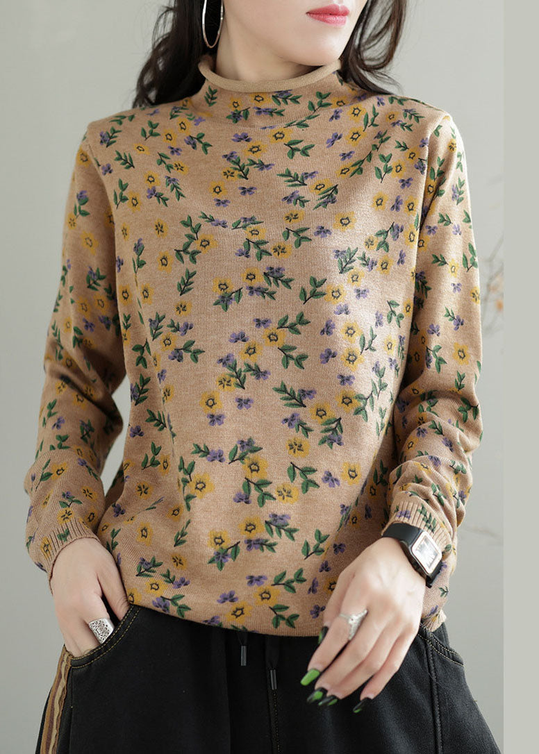 Black High Neck Print Knitted Tops Winter