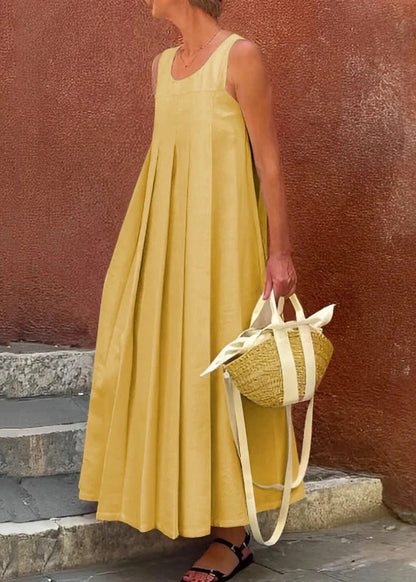 Boutique White O Neck Wrinkled Cotton Long Dresses Sleeveless