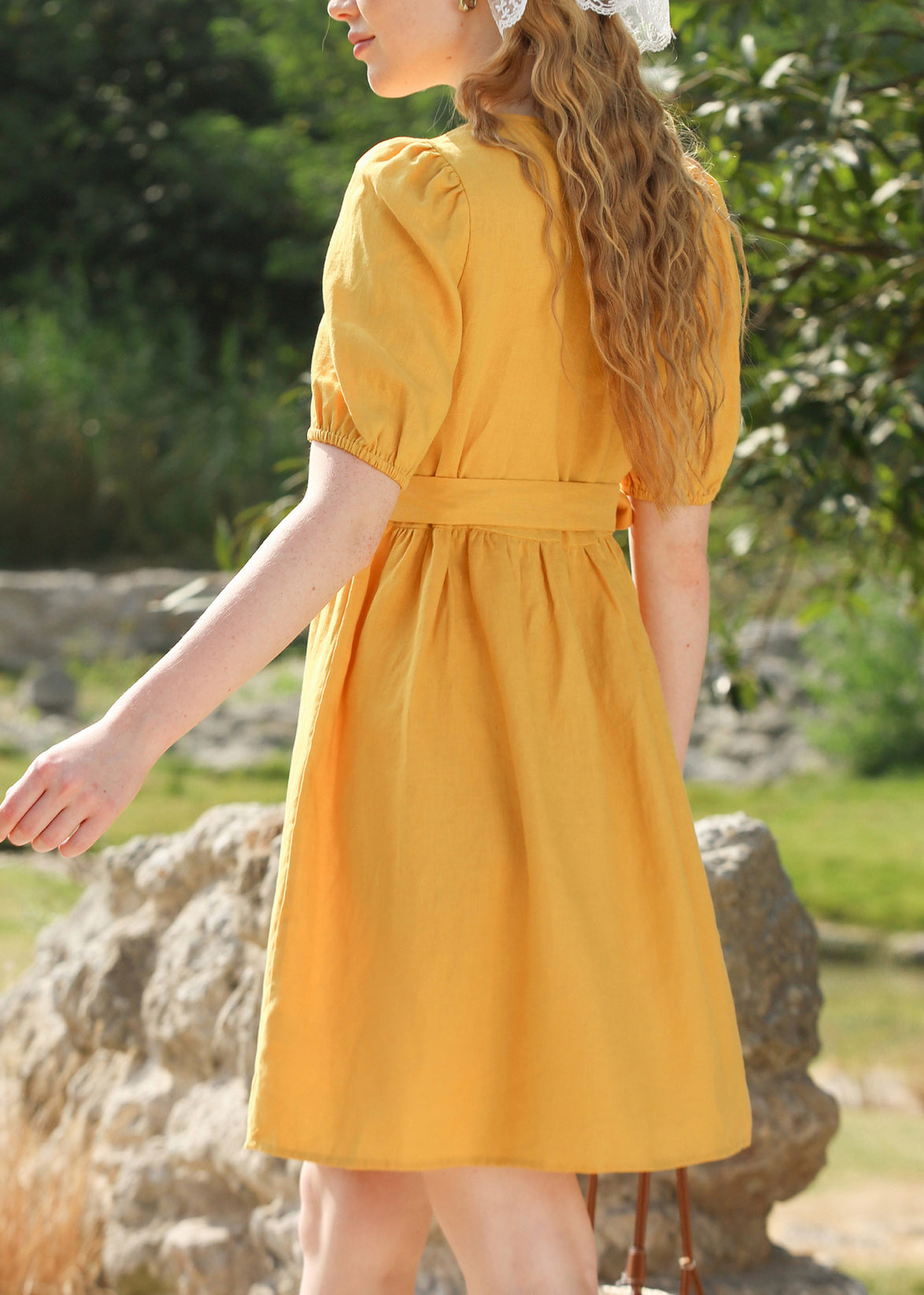 Yellow V Neck Lace Up Puff Sleeve Linen Dress