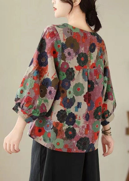 Red O Neck Print Cotton T Shirts Top Long Sleeve