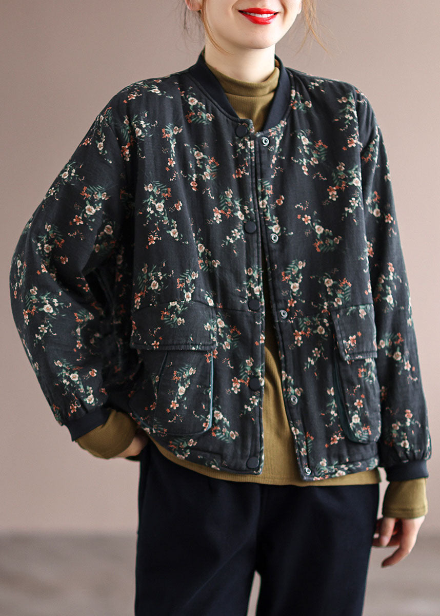 Black Stand Collar Pockets Fine Cotton Filled Jacket Spring