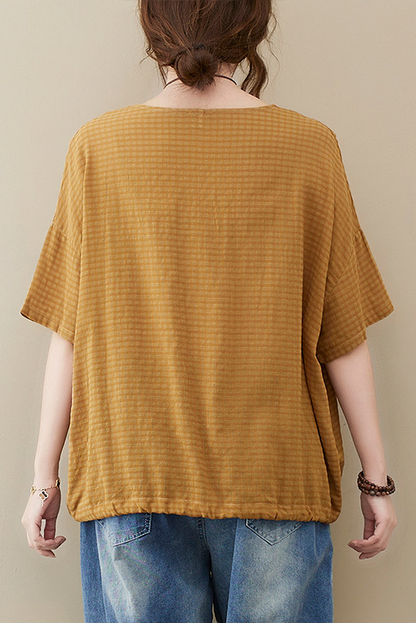 Summer Plaid Short Sleeve T-shirt Cotton Striped Tops