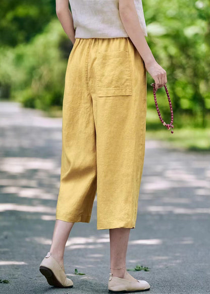 Linen Pockets Elastic Waist Linen Crop Pants Summer