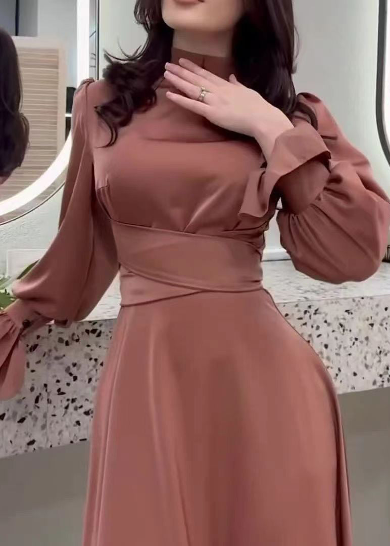 Autumn Waist Cinching Silk Long Dress
