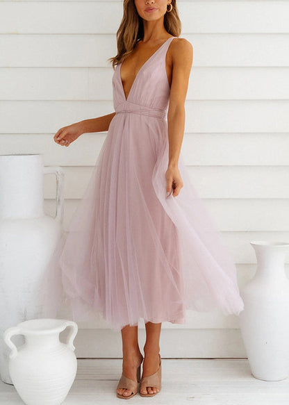 Pink V Neck Wrinkled Patchwork Tulle Dresses Sleeveless