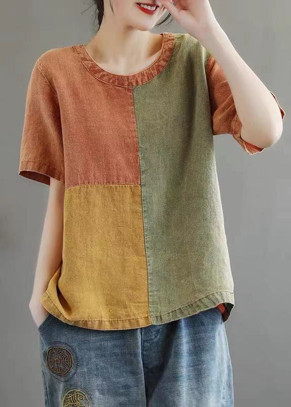 Diy Orange O-neck Patchwork Original Design Linen Tank Top Short Sleeve