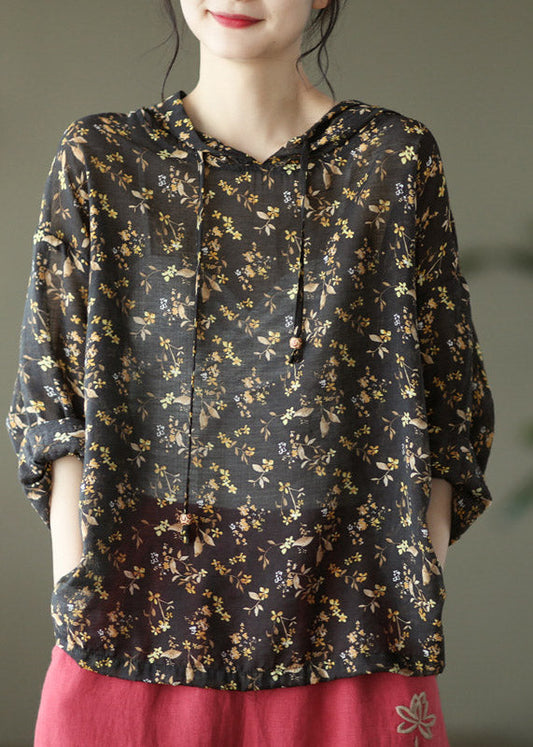 Black Peter Pan Collar Print Linen Hooded Shirt Long Sleeve