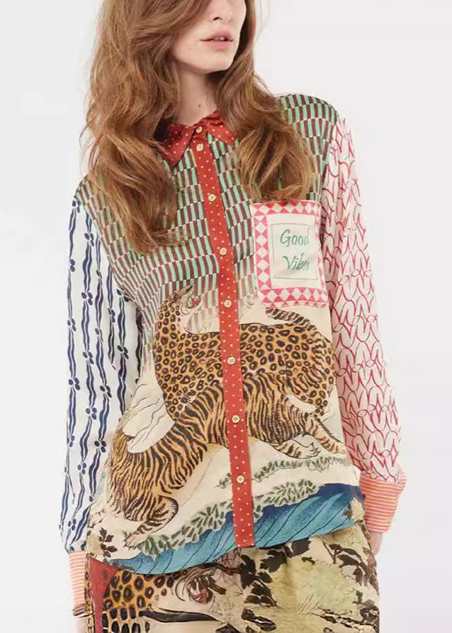 Animal Print Asymmetrical Button Cotton Shirts Long Sleeve