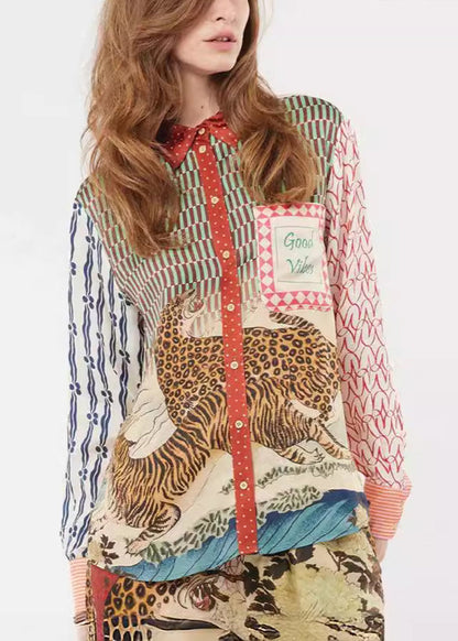 Animal Print Asymmetrical Button Cotton Shirts Long Sleeve