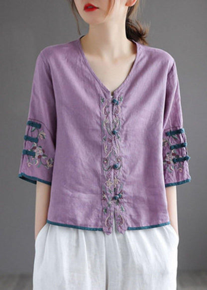 Purple Retro O-neck Oriental Summer Blouses Half Sleeve