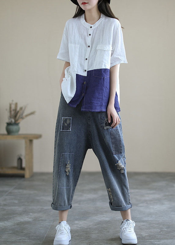 Modern White Blue O-neck Patchwork Linen Blouse Tops Short Sleeve